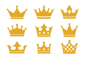 Crown vector collection. Gold crown icon set. King and queen royal symbols. Exclusive VIP premium signs. Luxury heraldic emblem. Flat design graphic element illustration.