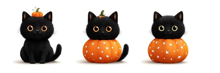 Three adorable black cats with pumpkins for halloween decorations on a white background