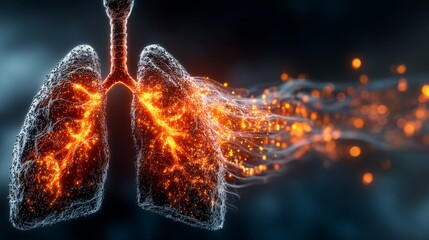 Obraz premium Detailed visualization of human lungs with intricate internal network, semi-transparent skeletal appearance, textured surface, glowing orange lines, and radiant particles.