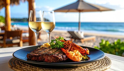 Grilled steak and shrimp seaside dining