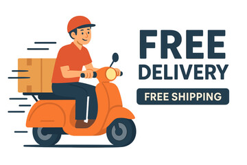 Free delivery banner with courier on a scooter delivering a package. Fast shipping order. Express delivery service advertisement with man rider. Online shopping e-commerce concept.