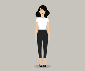 Vector image girl with dark hair. Young woman in full growth in flat style. Image on isolated background.
