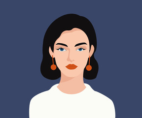 Vector image  girl with dark hair. Portrait  young woman in  flat style. Image on isolated background.