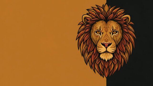 Stylized lion head illustration on split background &mdash; bold graphic design for World Lion Day, symbolizing strength and royalty.