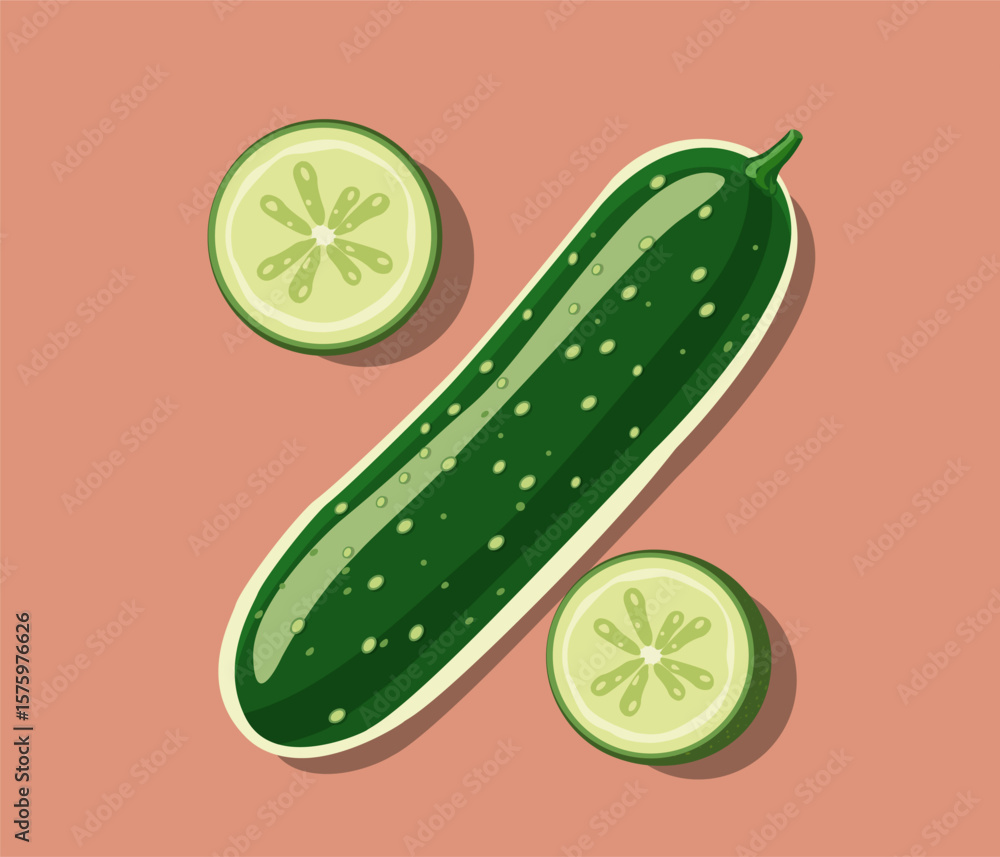 Poster vector image of juicy cucumber in flat style. image of vegetable cucumber on isolated background.