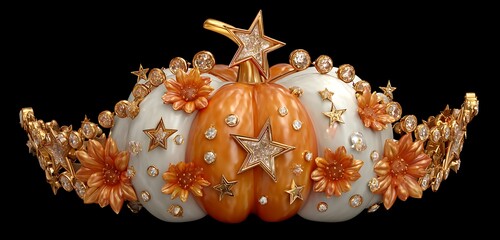 Ornate pumpkin decoration with stars and flowers on black background close up detailed view
