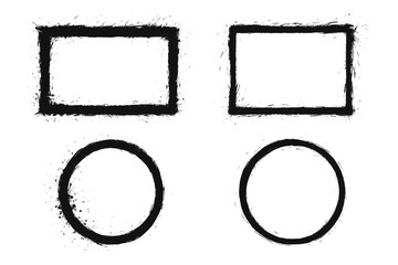 Grunge border frame set. Dirty ink brush stroke collection. Distressed texture rectangle and circle shapes. Abstract paint spray splash, splatter, and streak elements.