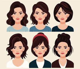 Set of different hairstyles for one brunette girl. Fashionable modern style. Vector flat illustration. On isolated background.
