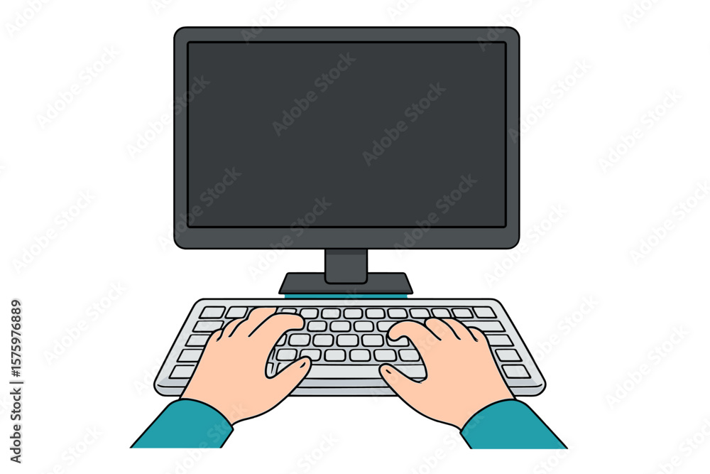 Poster hands typing on computer keyboard. blank monitor screen mockup. work from home concept. office worke