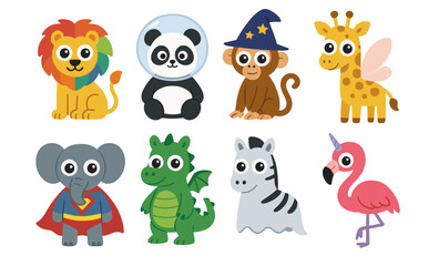 Naklejka premium Charming cartoon animals in creative costumes for children's design inspiration