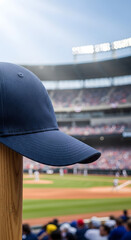 Plain Baseball Cap Resting on Bat with Stadium Background