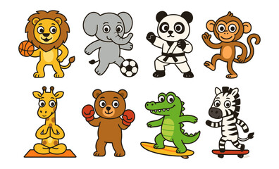 Fototapeta premium Adorable cartoon animals engaging in various sports activities with playful expressions