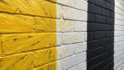 Abstract geometric pattern of yellow white and black painted brick wall