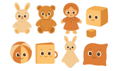 Obraz premium Cute cartoon animal and object collection featuring toys, dolls, and geometric shapes