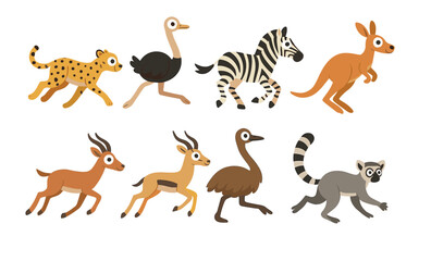 Obraz premium Illustrated fast zoo animals: cheetah, ostrich, zebra, kangaroo, antelope, lemur in motion