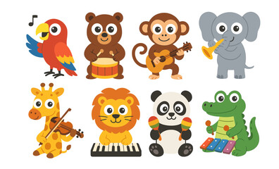 Naklejka premium Cute musical animals playing instruments set with colorful characters and musical notes