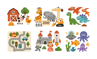 Fototapeta premium Colorful toy sets for kids: farm, zoo, construction, city, castle, and ocean themes