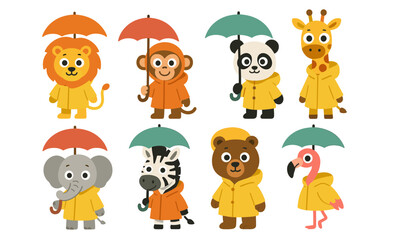 Fototapeta premium Cute cartoon animals in raincoats holding umbrellas: lion, monkey, panda, giraffe, elephant, zebra, bear, flamingo