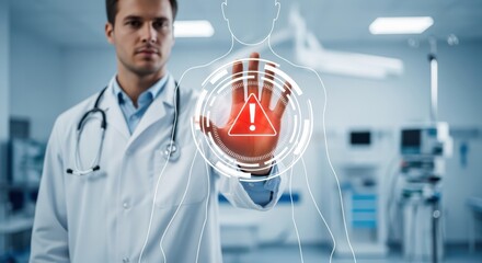 Male doctor using futuristic medical interface to detect patient health risk alert in modern hospital.