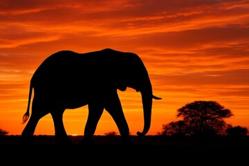 Fototapeta premium Silhouette of an elephant walking during a vibrant orange sunset sky