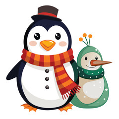Cute penguin and snowman, winter illustration