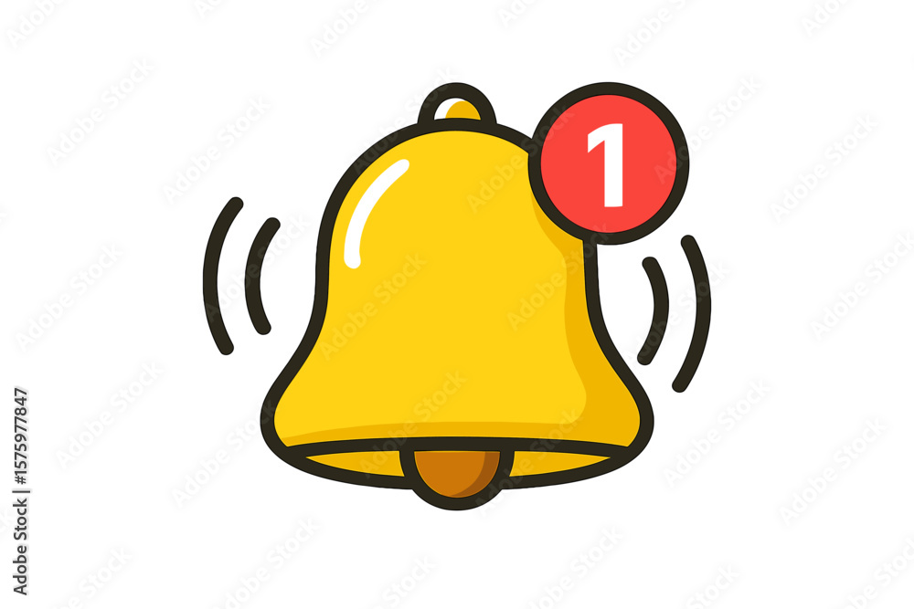 Poster notification bell icon with one new message alert. yellow ringing alarm for social media reminders. 