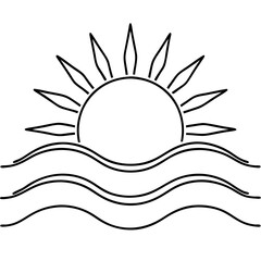 Obraz premium Line art depiction of sun with rays and waves, in monochrome. Sun with rays and waves illustration visualizes rising sun over water, reflecting morning light and calmness.