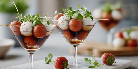 Caprese salad in martini glasses with balsamic and fresh herbs