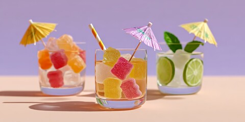 Fototapeta premium Three colorful cocktails with gummy bears and umbrellas on pastel background