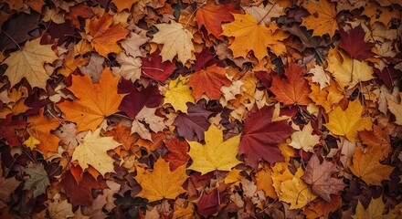 Colorful dry autumn leaves background with vibrant fall foliage texture.