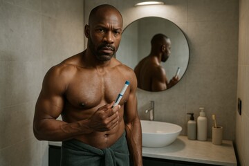 A muscular Black man stands in a minimalistic bathroom holding a GLP-1 injection pen. Self-care and weight loss treatment with semaglutide
