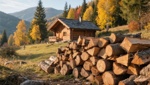 Cozy mountain cabin with stacked firewood and autumn forest landscape.
