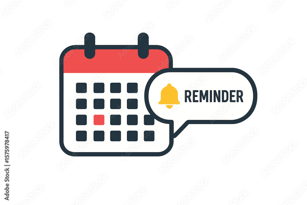 Poster calendar reminder icon with notification bell for an important date. event planning and deadline ale