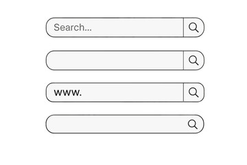 Search bar vector set for UI UX design on web and mobile apps. Collection of www search box templates. User interface element. Navigation panel with magnifying glass icon.