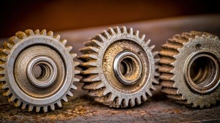 Close-up view of three aged gears.