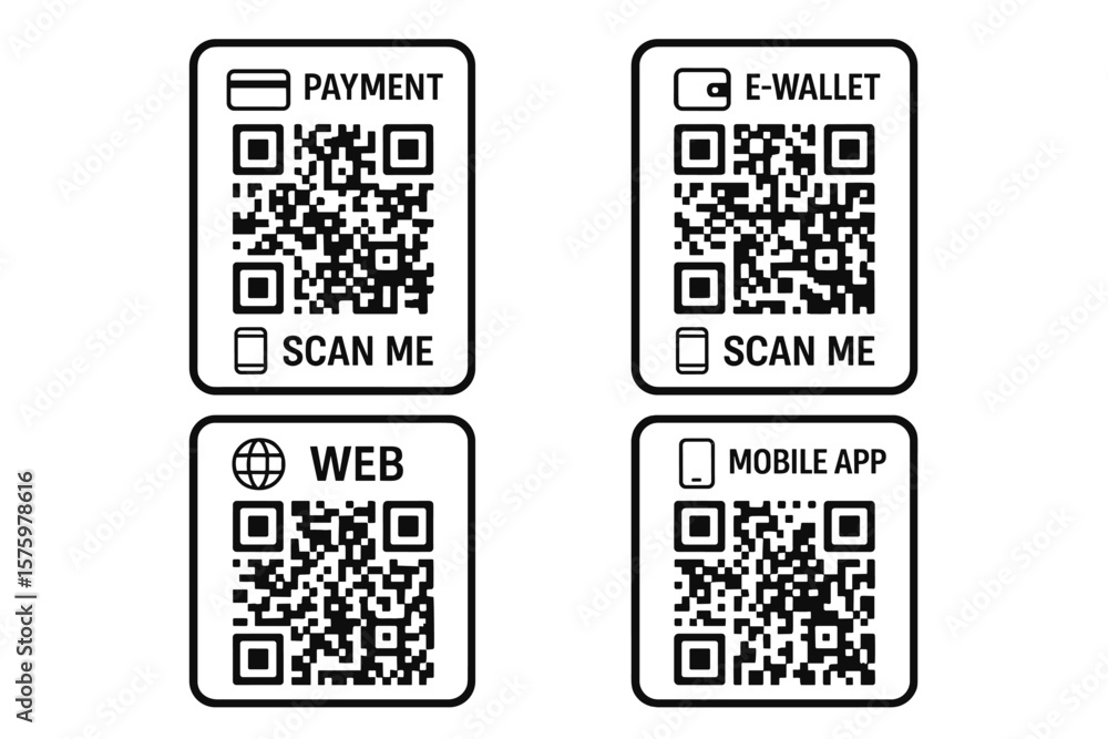 Fototapete set of qr codes with scan me text. vector icons for payment, e-wallet, web link, and mobile app. dig