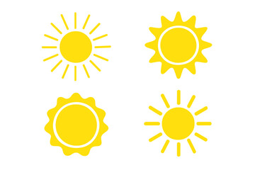 Fototapeta premium Set of 4 sun icons. Yellow sunburst collection. Summer sunlight and nature sky concept. Simple sunshine silhouette for weather app logo, sunshine symbol. Vector illustration.