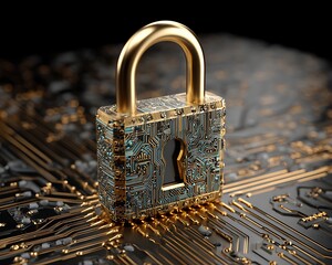 Close up of a golden padlock with circuit board design sitting on a circuit board surface