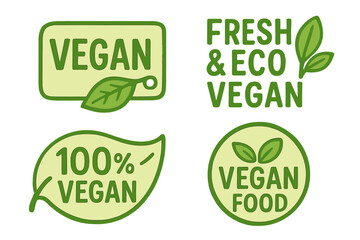 Set of 4 vegan label tags. Natural green product icon. Fresh eco vegetarian stamp. Healthy food badge. Organic food emblem for packaging, stickers and logos. Veganism concept.