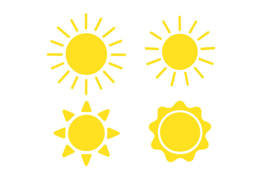 Set of 4 yellow sun icons. Summer sunshine weather symbol collection. Sunrise or sunset graphic element. Solar heat, sunlight ray, and sky burst concept. Vector illustration.