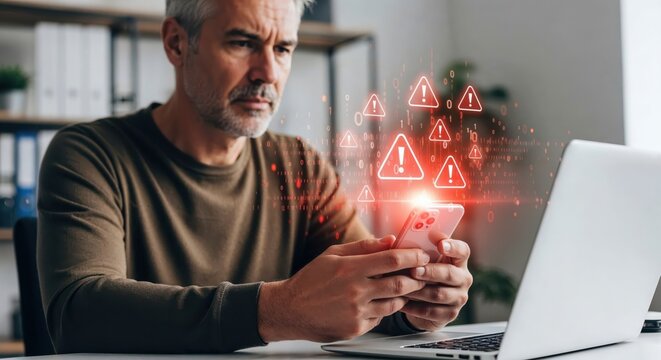 Concerned man receiving smartphone security alerts while working on laptop at home office. - Powered by Adobe