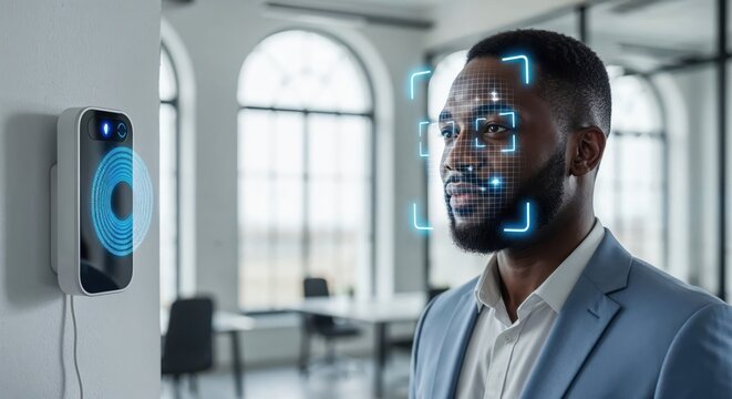 Businessman using facial recognition technology for secure access in modern office environment.