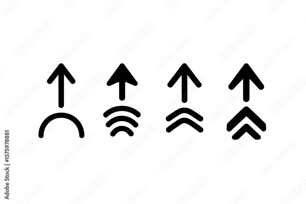 Poster set of swipe up arrow icons. collection of black scroll up pointers. button for social media, story,