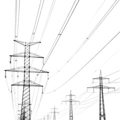 Power Lines and Transmission Towers A Line Sketch isolated on transparent background