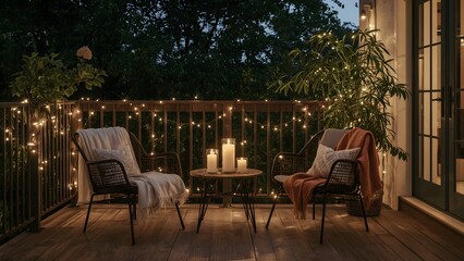  Romantic Evening Balcony with Fairy Lights, Candles, and Cozy Seating for Two 