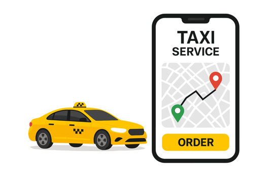 Taxi service mobile app for online booking. Smartphone screen with city map, route, and location pin for navigation. Yellow cab ordering vector illustration for transportation.