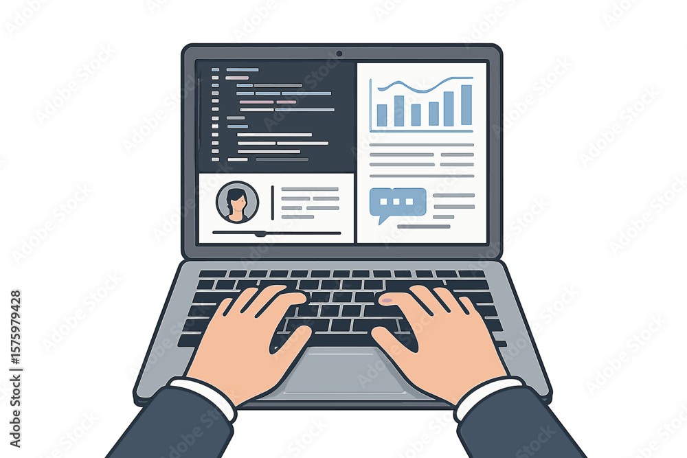 Poster top view of hands typing on a laptop. multitasking concept with coding, financial report data analys