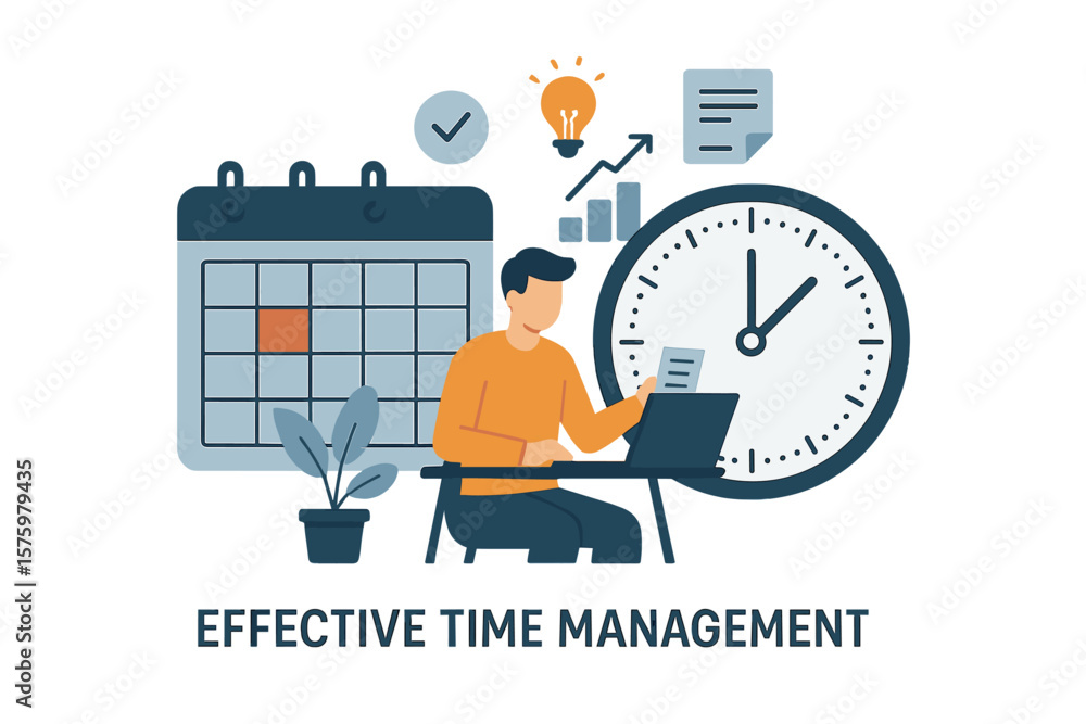 Poster time management vector concept. man at desk with laptop plans schedule with calendar and clock. boos