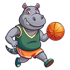 Cartoon hippopotamus in a basketball uniform, holding a ball