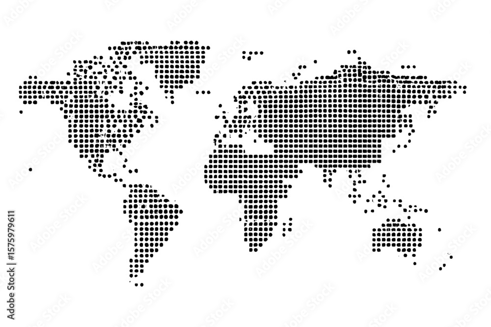 Poster dotted world map vector. abstract global map with black round dots. modern halftone style. minimalis